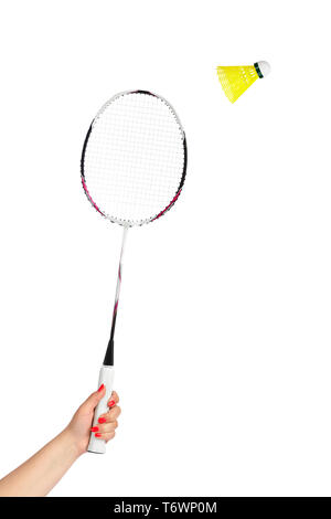 Hand with badminton racket and shuttlecock Stock Photo