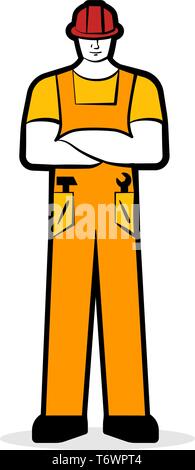 Male worker or builder in working orange clothes and construction helmet. Working concept. Vector illustration Stock Vector