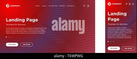 Landing page blank template desktop PC and mobile adaptive version. Minimal geometric background. Dynamic volume lines composition. Vector design for  Stock Vector