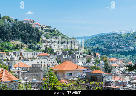 This is a capture of Der El Kamar a village Located in Lebanon, where you can see the traditional architecture of the houses with orange roof tiles an Stock Photo