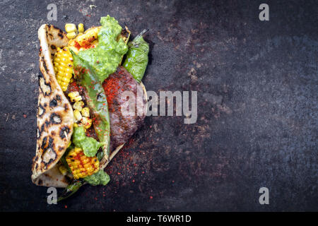 Barbecue wagyu hash burger with flatbread Stock Photo