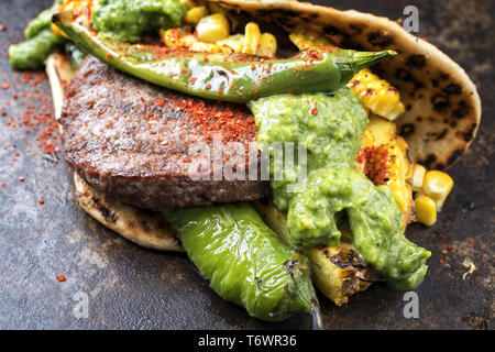 Barbecue wagyu hash burger with flatbread Stock Photo