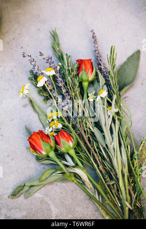 Flowers in bouquet on table Stock Photo