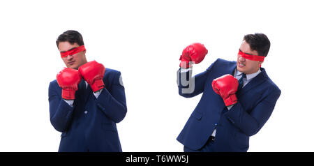 Lawyer with blindfold wearing boxing gloves isolated on white Stock Photo