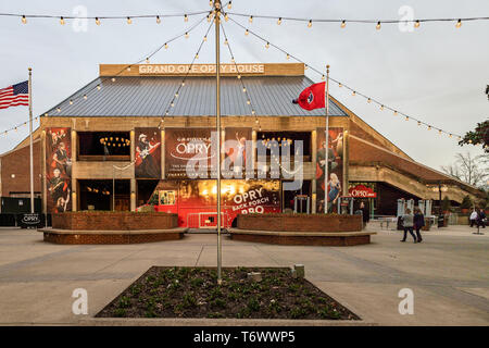 The Grand Ole Opry is one of the most famous music venues since being created in 1925 and features a park with guitars and food trucks outside. Stock Photo