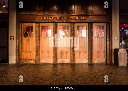 The exterior entrance to the Grand Ole Opry House with the classic wooden doors and stained glass leading to a legendary music venue. Stock Photo