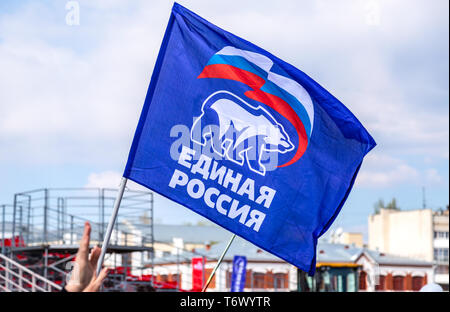 Samara, Russia - May 1, 2019: Flag of the party United Russia against the blue sky Stock Photo