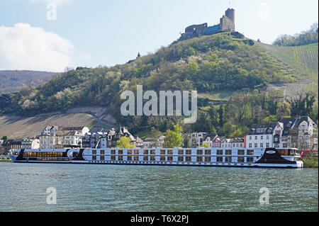 MS Excellence Princess river cruise ship on Moselle River passing town in  Germany with castle above. Stock Photo