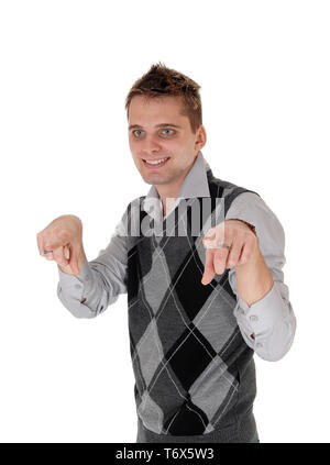 Young man pointing finger at the camera Stock Photo