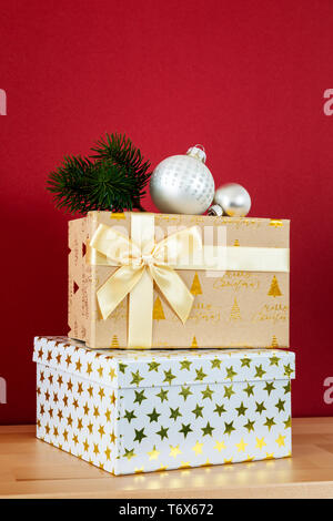 Christmas decoration background red with gift boxes Stock Photo