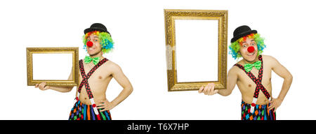 Clown with picture frame isolated on white Stock Photo