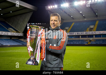 London, UK. 02nd May, 2019. Holger Seitz Head coach of Bayern Munich II celebrates the Trophy win during the Premier League International Cup FINAL match between Bayern Munich II and Dinamo Zagreb II at The Den, London, England on 2 May 2019. Photo by Andy Rowland. Credit: PRiME Media Images/Alamy Live News