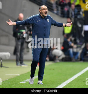 Frankfur, Germany. 2nd May, 2019. Maurizio Sarri, head coach of Chelsea reacts during the UEFA Europa League semifinal first leg match between Eintracht Frankfurt and Chelsea FC in Frankfurt, Germany, on May 2, 2019. The match ended in a 1-1 draw. Credit: Ulrich Hufnagel/Xinhua/Alamy Live News Stock Photo