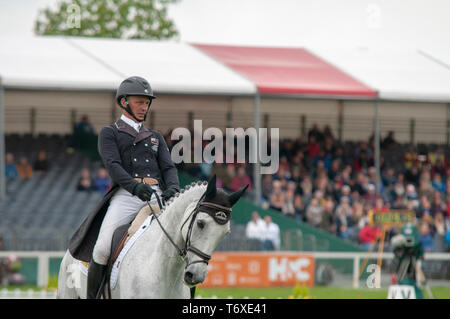 Badminton, Gloucestershire, United Kingdom, 2nd May 2019, Andrew Nicholson riding Swallow Springs during the Dressage Phase of the 2019 Mitsubishi Motors Badminton Horse Trials, Credit:Jonathan Clarke/Alamy Live News