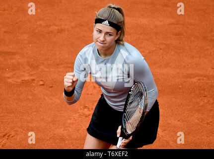 Prague, Czech Republic. 03rd May, 2019. Tennis player Karolina Muchova (Czech) is seen during semifinal match against Bernarda Pera (USA) within the J&T Banka Prague Open, on May 3, 2019, in Prague, Czech Republic. Credit: Roman Vondrous/CTK Photo/Alamy Live News Stock Photo