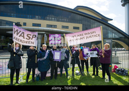 Aberdeen, UK. 3rd May, 2019. WASPI Women protesting outside the AECC at Scottish Conservative Party Conference at the Aberdeen Exhibition Conference Centre in Aberdeen. Credit: Colin Fisher/Alamy Live News Stock Photo