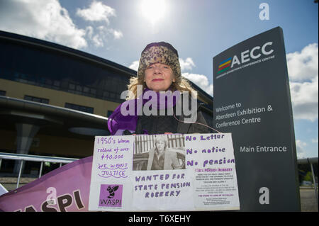 Aberdeen, UK. 3rd May, 2019. WASPI Women protesting outside the AECC at Scottish Conservative Party Conference at the Aberdeen Exhibition Conference Centre in Aberdeen. Credit: Colin Fisher/Alamy Live News Stock Photo