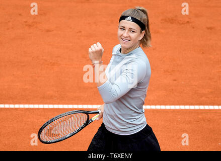 Prague, Czech Republic. 03rd May, 2019. Tennis player Karolina Muchova (Czech) is seen during semifinal match against Bernarda Pera (USA) within the J&T Banka Prague Open, on May 3, 2019, in Prague, Czech Republic. Credit: Roman Vondrous/CTK Photo/Alamy Live News Stock Photo