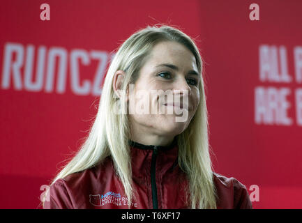 Prague, Czech Republic. 03rd May, 2019. Athlete Kellyn Taylor (USA) attends a press conference prior to the Volkswagen Prague Marathon 2019, on May 3, 2019, in Prague, Czech Republic. Credit: Katerina Sulova/CTK Photo/Alamy Live News Stock Photo