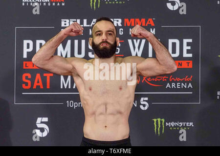 Birmingham, UK. 3rd May 2019. Pedro Carvalho takes to the scales at Bellator Birmingham Ceremonial Weigh-Ins at Resort World Birmingham. May 3, 2019 Credit Dan-Cooke/Alamy Live News Stock Photo