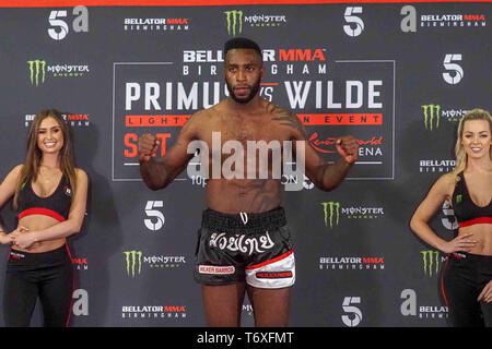 Birmingham, UK. 3rd May 2019. Wilker Barros takes to the scales at Bellator Birmingham Ceremonial Weigh-Ins at Resort World Birmingham. May 3, 2019 Credit Dan-Cooke/Alamy Live News Stock Photo