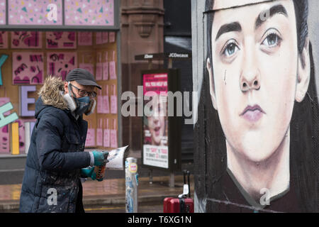 Stevenson Square, Manchester, UK. 3rd May, 2019. French born graffiti artist Akse p19 completes his Arya Stark mural in Manchester's Northern Quarter. Arya is a character played by Maisie Williams in the popular televsion series Game of Thrones. Credit: Howard Harrison/Alamy Live News Stock Photo