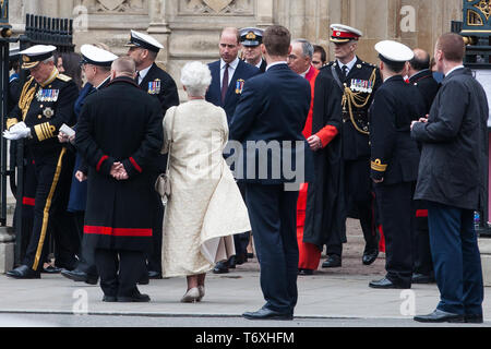 London, UK. 3 May, 2019. The Duke of Cambridge leaves Westminster Abbey following a National Service of Thanksgiving to mark fifty years of the Continuous at Sea Deterrent (CASD). Campaigners from Campaign For Nuclear Disarmament (CND), Stop the War Coalition, the Peace Pledge Union, the Quakers and other faith groups protested outside against the holding of the service throughout its duration. Credit: Mark Kerrison/Alamy Live News Stock Photo