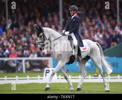 Badminton Estate, Badminton, UK. 3rd May, 2019. Mitsubishi Motors Badminton Horse Trials, day 3; Oliver Townend (GBR) riding BALLAGHMOR CLASS during the dressage test on day 3 of the 2019 Badminton Horse Trials Credit: Action Plus Sports/Alamy Live News Stock Photo