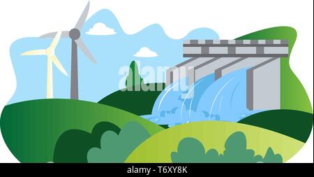 Illutration of windmill and hydroelectric energy as a eco sources illustration vector on white background Stock Vector
