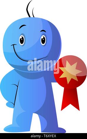 Blue cartoon caracter hodling a medal illustration vector on white background Stock Vector