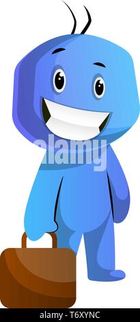 Blue cartoon caracter holding a briefcase illustration vector on white background Stock Vector