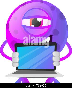Purple monster with a laptop illustration vector on white background Stock Vector