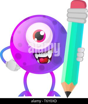 One eyed purple monster holding a huge pen illustration vector on white background Stock Vector
