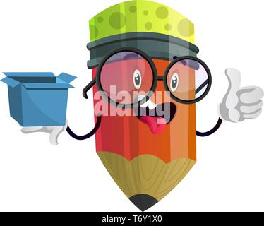 Red pencil holding blue box and sticking his tongue out illustration vector on white background Stock Vector