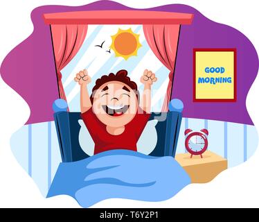 Boy woke up happy illustration vector on white background Stock Vector