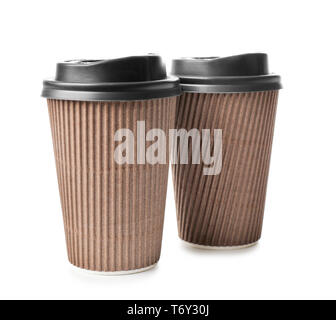 Takeaway cups for drinks on white background. Food delivery service Stock Photo
