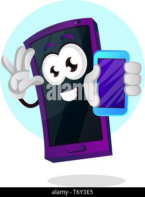 Mobile emoji holding a smartphone illustration vector on white background Stock Vector
