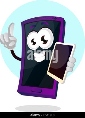 Happy mobile emoji with another phone in his hand illustration vector on white background Stock Vector