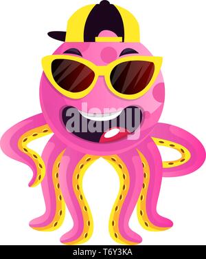 Octopus with sunglasses and hat illustration vector on white background Stock Vector
