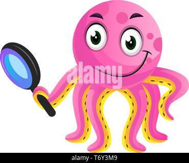 Pink octopus researching illustration vector on white background Stock Vector
