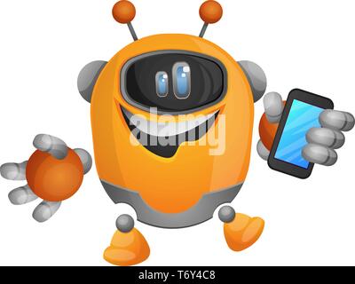 Cartoon robot holding a smartphone illustration vector on white background Stock Vector