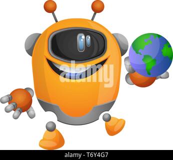 Cartoon robot holding a globe illustration vector on white background Stock Vector