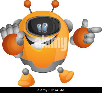 Cute orange robot pointing at something illustration vector on white background Stock Vector