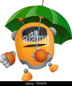 Orange cartoon robot holding an umbrella illustration vector on white background Stock Vector