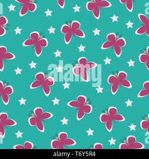 vector beautiful seamless pattern green turquoise with pink insect butterflies with wings and stars for printing clothes and textiles Stock Vector