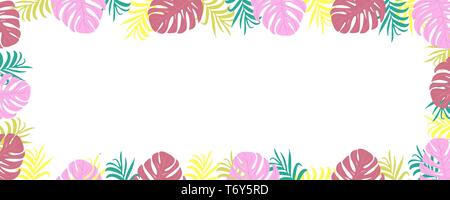 vector Hawaiian tropical summer banner with frame on white background with palm leaves pink and green Stock Vector
