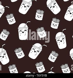 seamless vector pattern with eating french fries and a glass of drink on a dark background for textiles  , EPS 8 Stock Vector