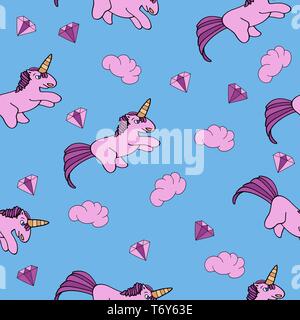 vector seamless pattern on a pink background unicorn ponies pink with a cloud and diamond stones for children and textiles Stock Vector