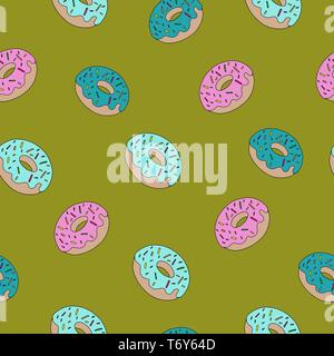 fashion vector seamless pattern with sweet food donuts on a green background for printing and textiles Stock Vector