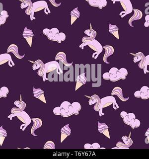 vector seamless pattern on purple background unicorn ponies pink with sweet ice cream and clouds for children and textiles Stock Vector